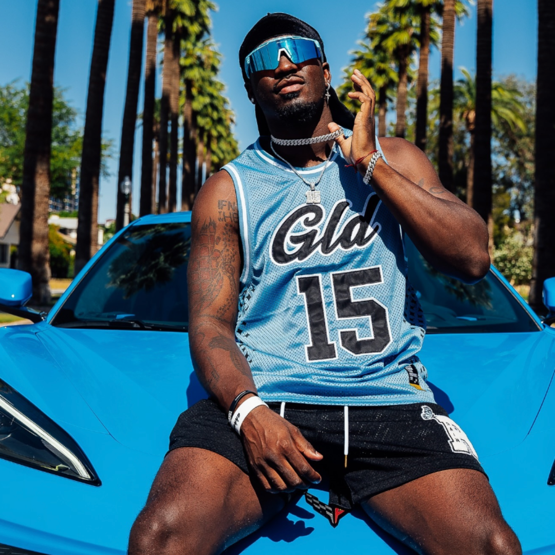 AJ Greene featured in a GLD brand collaboration represented by Raymond Representation.