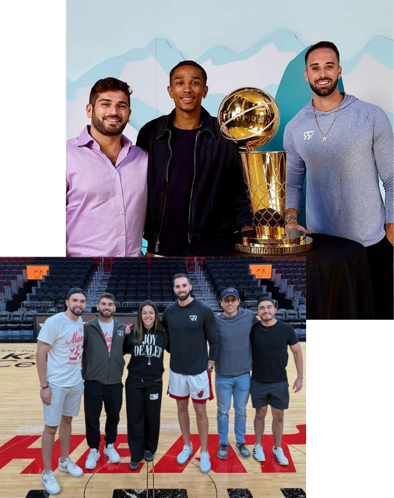 Raymond Representation team at an NBA event with Trey Phills and serving at the Joy Dealers event at the Miami Heat arena.
